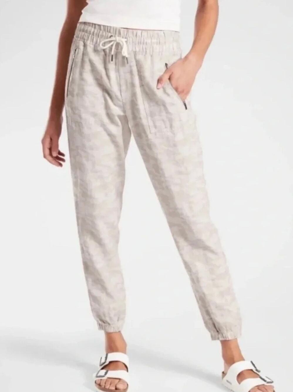 Athleta Cabo Tide Linen Jogger 100% Linen Size 4 Beige Camo Print